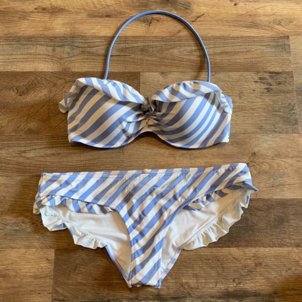 SET Victoria’s Secret Blue & White Striped Ruffle Bikini Cheeky Bottom Size XS